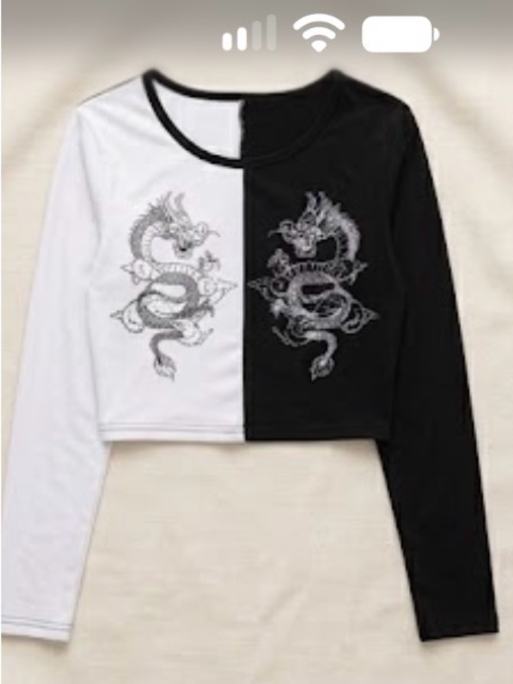 Black & White Dragon Split Long-Sleeve Crop Top